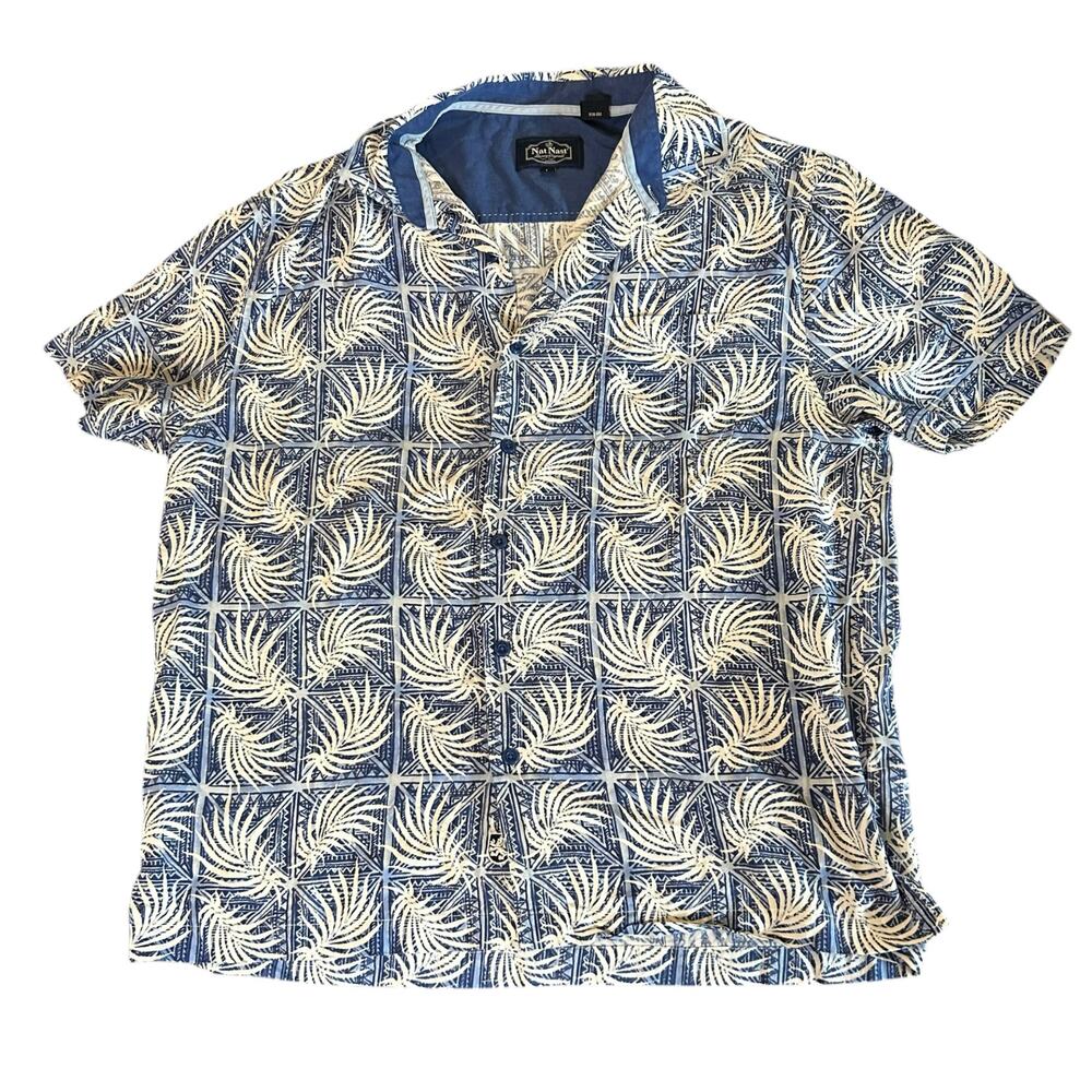 Nat Nast Button Up Shirt Mens Sz Medium Silk Cotton Blue Leaf Print Hawaiian